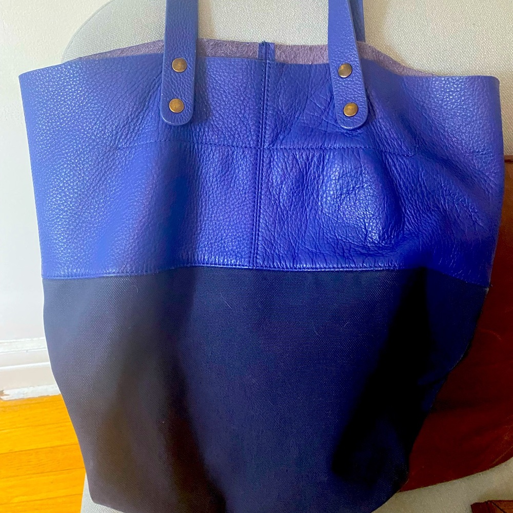 Blue Two-Tone Leather & Canvas Shoulder Tote